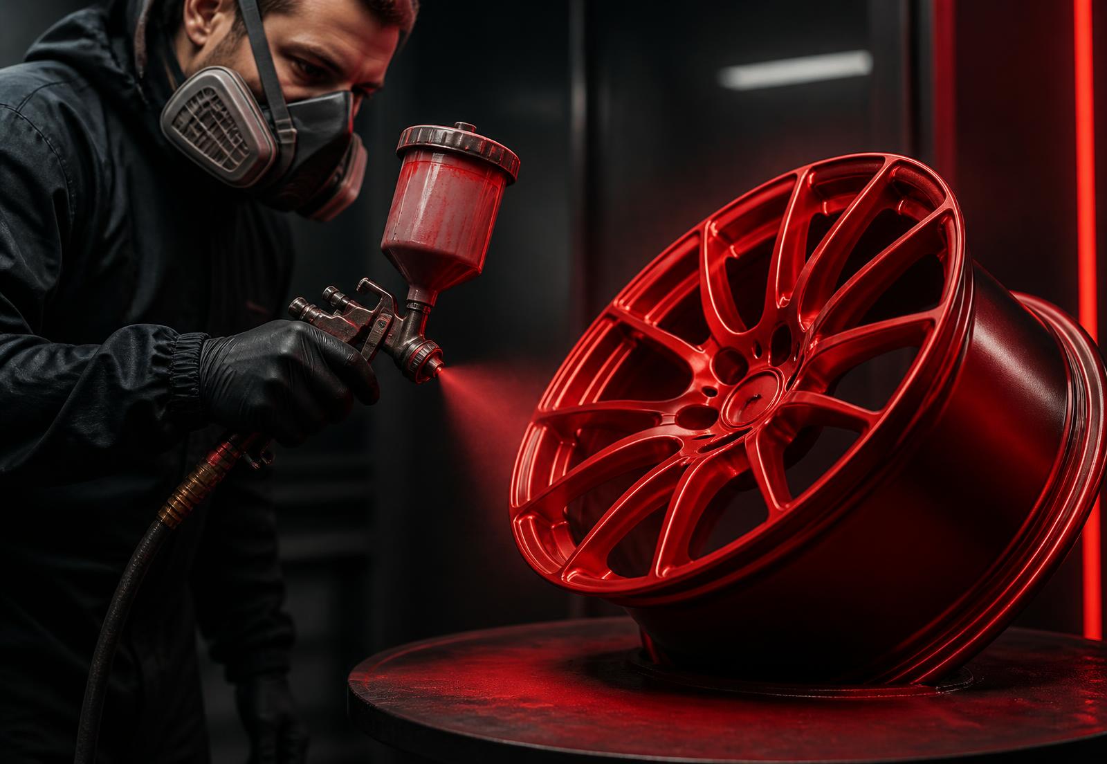 Technician spray coating an alloy wheel with Wheel Color It equipment